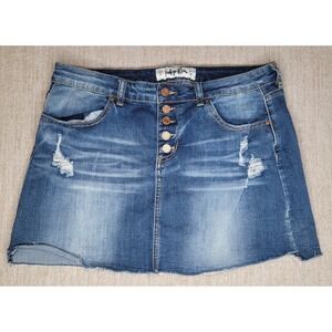 Indigo Rein Denim Skirt Junior 13 Blue Distressed Button Fly Raw Hem 90's Grunge